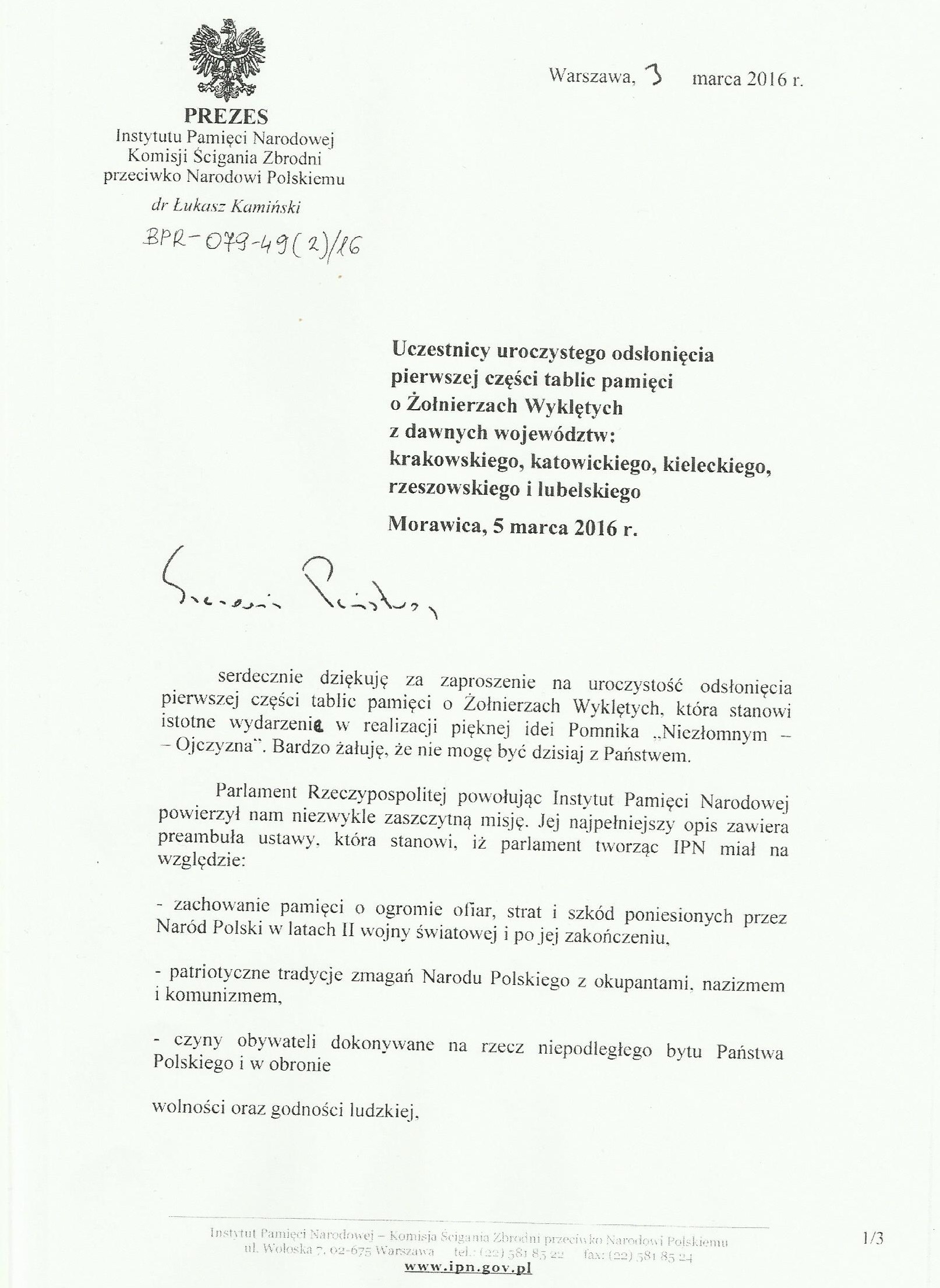 List Prezesa IPN dr Łukasza Kamińskiego 001