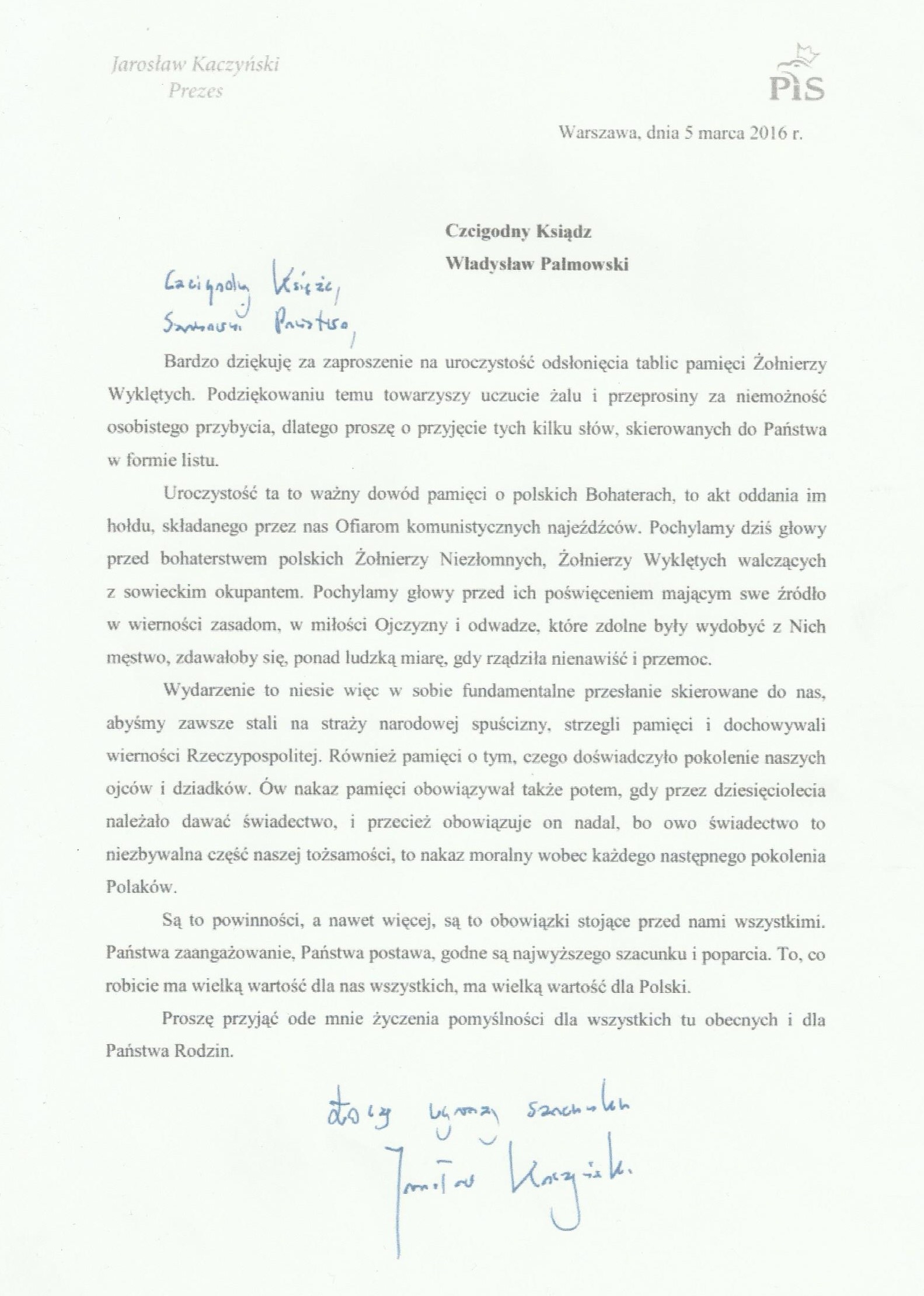 List Prezesa PIS Jarosława Kaczyńskiego 05.03.2016